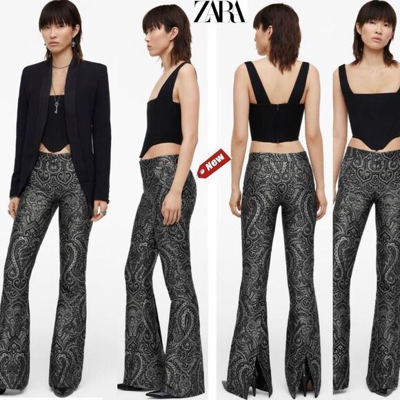 Zara black silver jacquard pants limited edition Sz M NWT